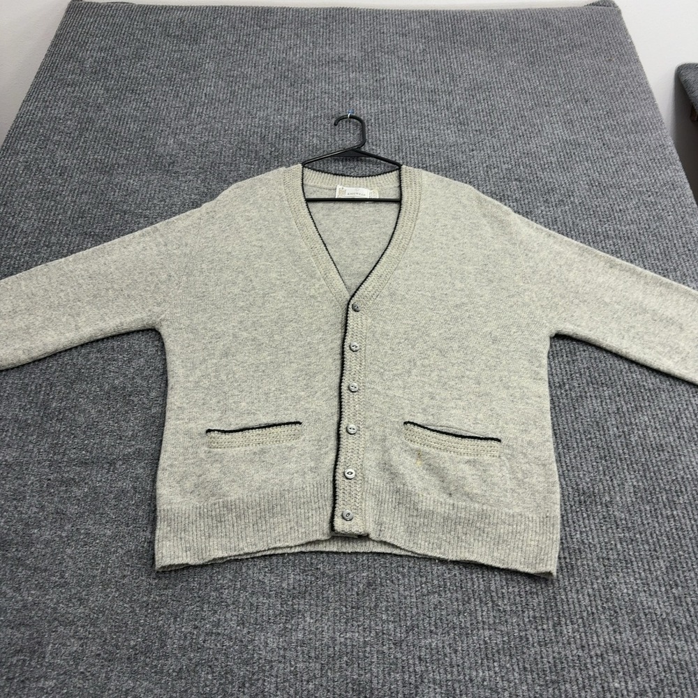 Vintage Sears Kings Road Cardigan Mens L Gray Lambs Wool Blend V Neck Classic